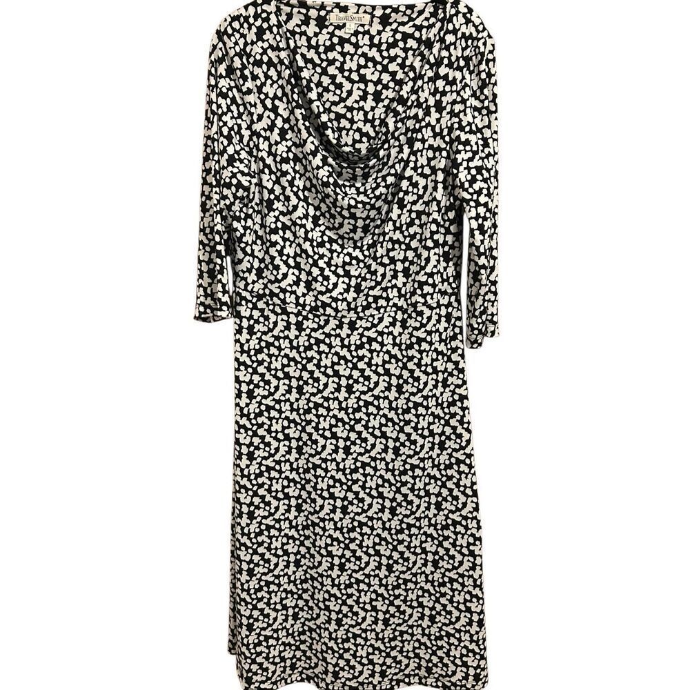 TravelSmith Women's L Abstract Print Cowl Neck Midi Modest Dress Black White 3/4